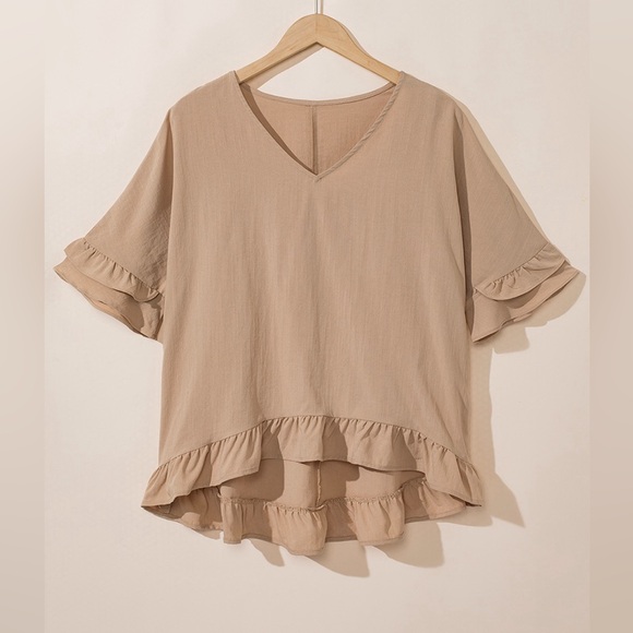 Light French Beige Loose Ruffled V Neck Blouse Bohemian Top - Picture 8 of 14